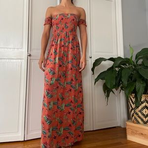 Off the Shoulder Smocked Floral Maxi Dress